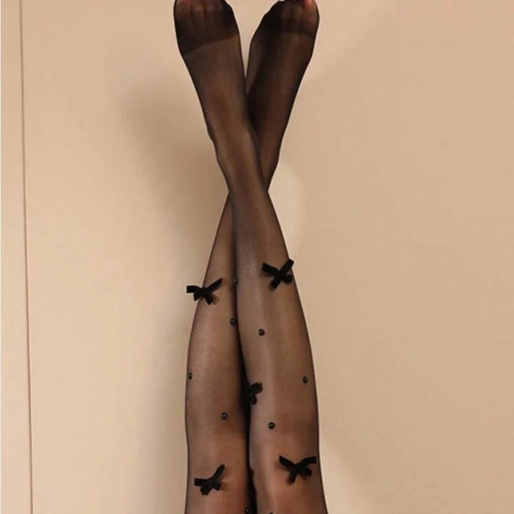 1 Pair Velvet Bow Pearl Embroidery Body Stockings Pantyhose 3D Sexy Tights